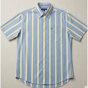 Tommy Hilfiger Mens Yellow & Blue Striped Short-Sleeve Button-Down Shirt Size L